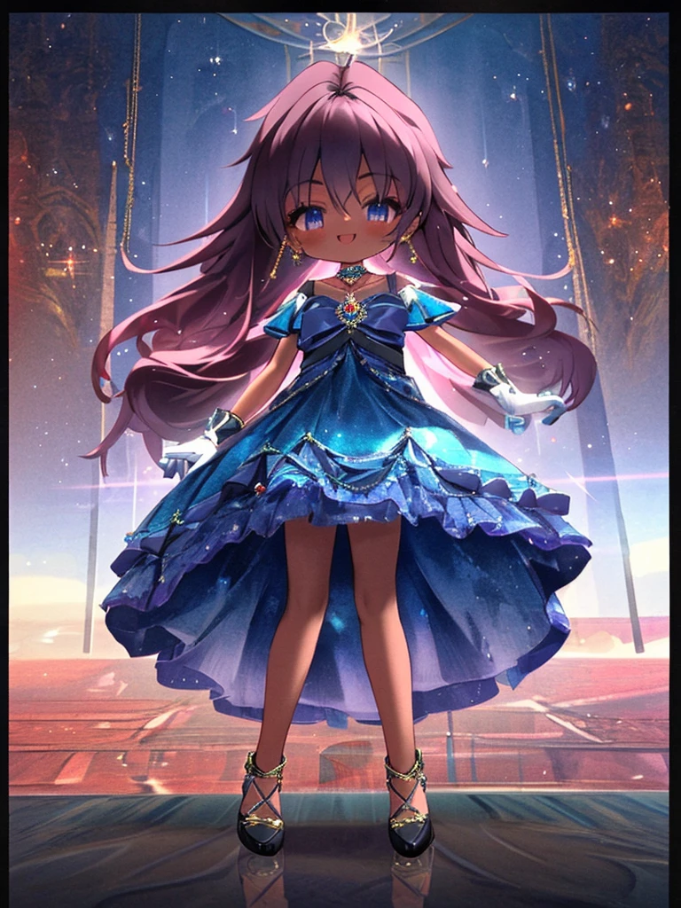 girl, skinny, dark skin, straight hair with braided red hairstyle, blue eyes, flat, wide hips, earrings, choker, necklace with pendant, long gloves, blue evening dress, intricate, high-heeled crystal shoes, ecstatic smile, luxurious ballroom, shoujo anime, cinematic, dramatic, masterpiece, dynamic view, full body,