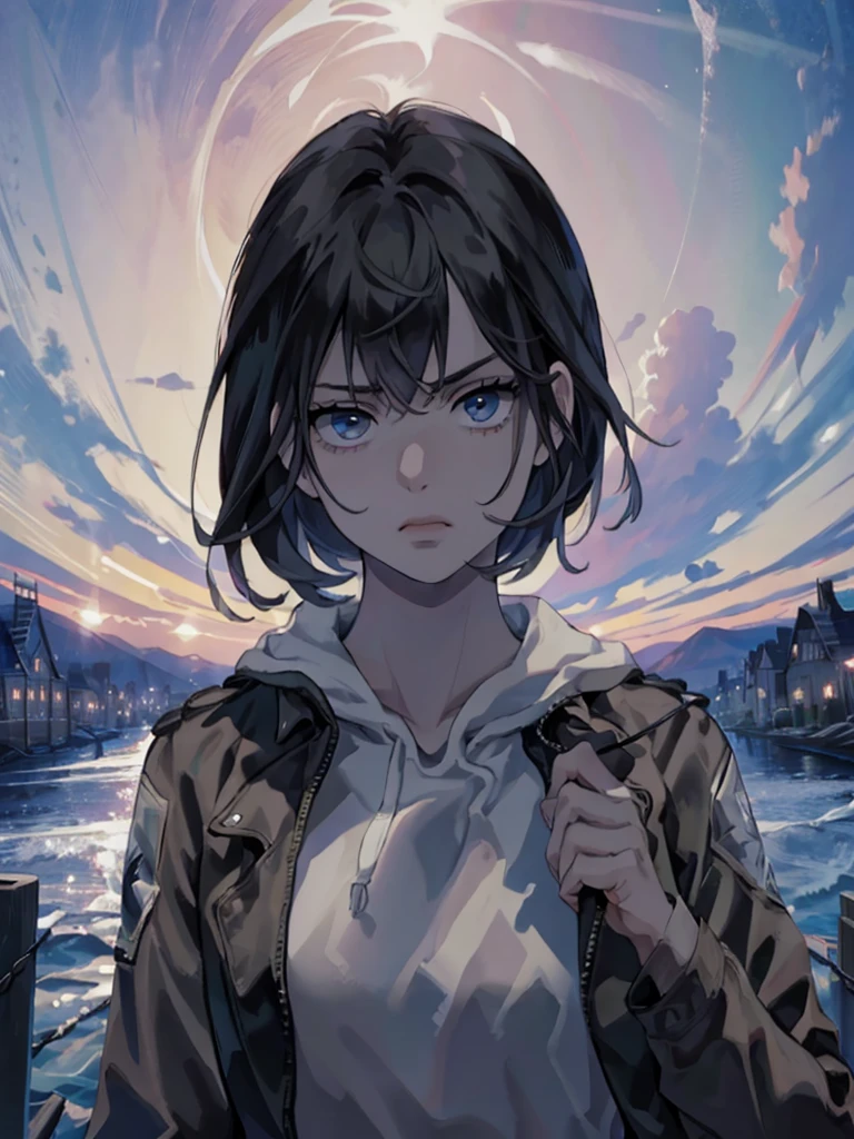 1girl, 17 years old, mature face, short beautiful black hair, bangs, majestic jet black eyes, (best quality,8k,highres,masterpiece), flat chest, cool, observe, nonchalant, thoughtful, lazy, solo girl, Best Quality, High resolution, Extremely detailed, Detailed background, Perfect Lighting, style=attack on titan