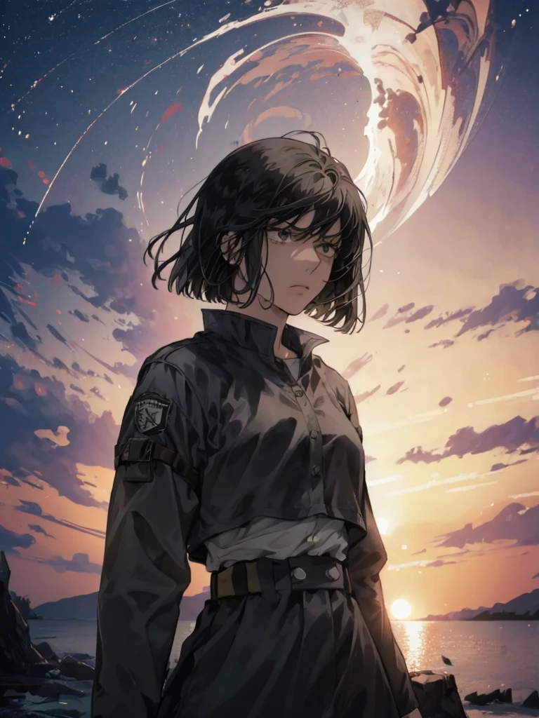 1girl, 17 years old, mature face, short beautiful black hair, bangs, majestic jet black eyes, (best quality,8k,highres,masterpiece), flat chest, cool, observe, nonchalant, thoughtful, lazy, solo girl, Best Quality, High resolution, Extremely detailed, Detailed background, Perfect Lighting, style=attack on titan