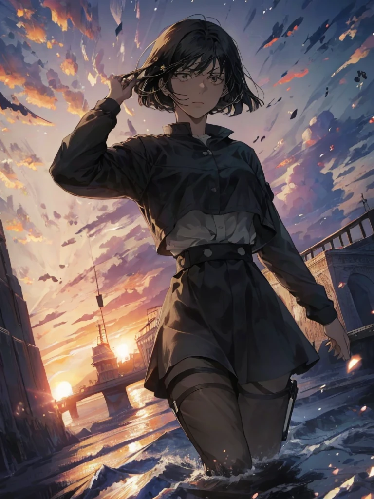1girl, 17 years old, mature face, short beautiful black hair, bangs, majestic jet black eyes, (best quality,8k,highres,masterpiece), flat chest, cool, observe, nonchalant, thoughtful, lazy, solo girl, Best Quality, High resolution, Extremely detailed, Detailed background, Perfect Lighting, style=attack on titan