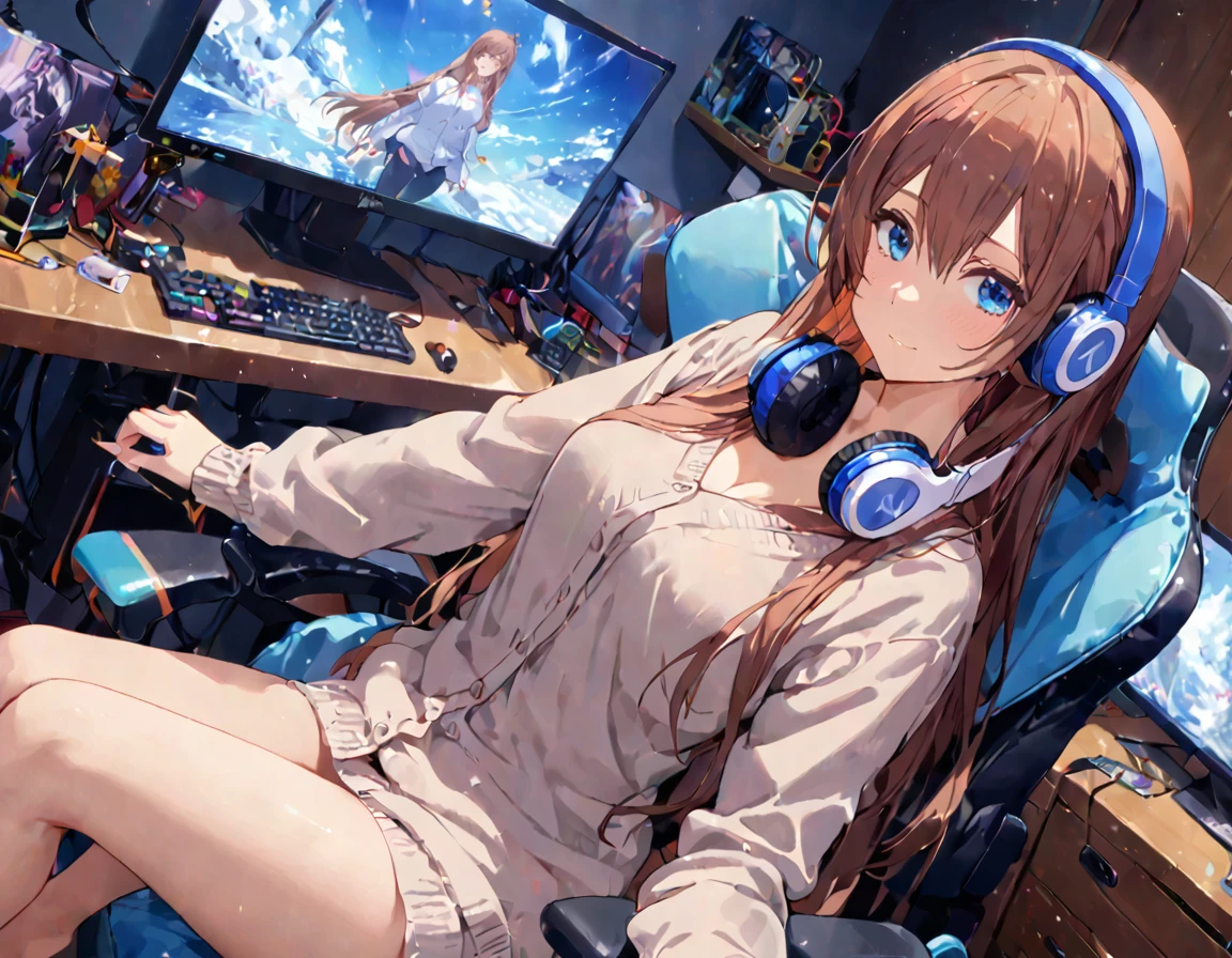 (A girl lounging in her bedroom), (a PC monitor turned on, a gaming chair), (a cluttered room), (fetal position), (perfect face), Sparkling, (masterpiece, best quality), (absurdres absolutely resolution), (8k), (detailed illustration), (super fine illustration), (professional lighting), (vivid color), detailed beatiful face, detailed beatiful eyes, detailed beatiful hair, perfect body, perfect hands, dynamic pose, dutch angle}, , looking at viewer, miku nakano, long hair, bangs, blue eyes, brown hair, shirt, hair between eyes, cardigan, headphones around neck, mature female, medium breasts