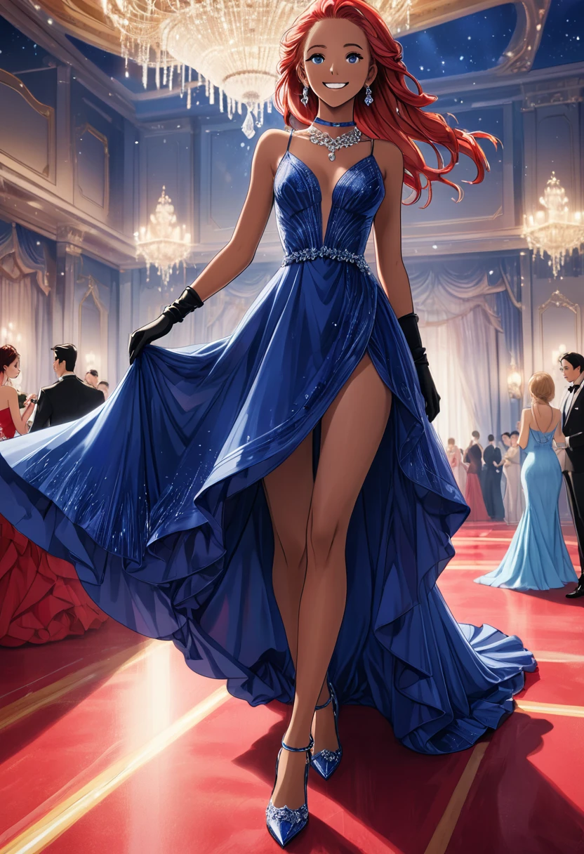 girl, skinny, dark skin, straight hair with braided red hairstyle, blue eyes, flat, wide hips, earrings, choker, necklace with pendant, long gloves, blue evening dress, intricate, high-heeled crystal shoes, ecstatic smile, luxurious ballroom, shoujo anime, cinematic, dramatic, masterpiece, dynamic view, full body,