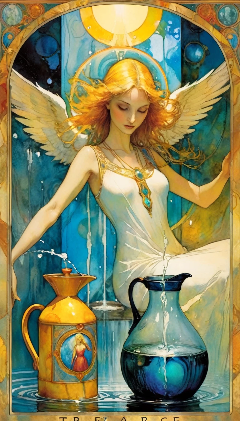 ((Carta de tarot)) TEMPERANCE ((marco de tarjeta)), Mujer angelical pasando agua de una jarra a otra., obra de Bill Sienkiewicz, colores vívidos, detalles intrincados, aceite.

