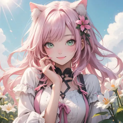 (masterpiece), Highest quality, Ultra-high resolution,Cat with pink ribbon、Pink Hair、Green Eyes、White clothes、Apply nail polish、...