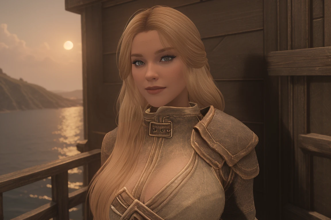 closeup shot of a stunning female Breton maiden stands poised on the weathered deck of a majestic ship at sunset in Skyrim. Her porcelain skin glows softly, illuminated by the warm rays of the rising sun. Delicate features and raven tresses frame her enigmatic smile as she gazes out to sea, the wind gently tousling her locks, blonde hair,female breton