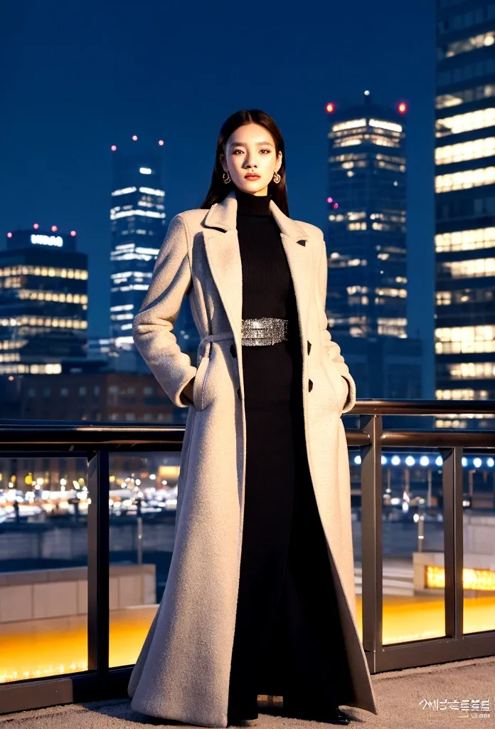 Create an image of a striking Korean model showcasing a stylish winter coat as the centerpiece of her fashionable ensemble. The coat should exude elegance and design sophistication, complementing the model's poise. This chic winter scene is set against the dynamic and illuminated backdrop of a cosmopolitan city at night, full of dazzling lights.