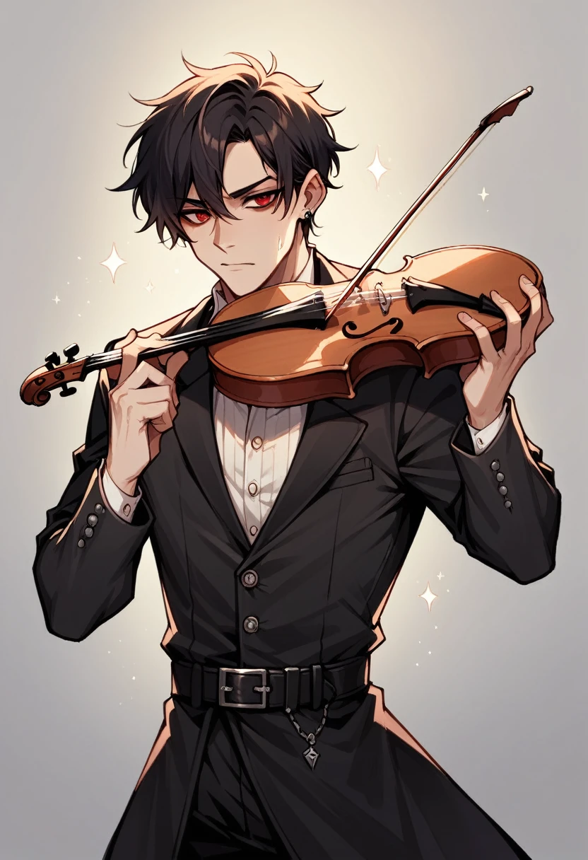 a gothic male bard, with black and red details in the clothing, playing the violin