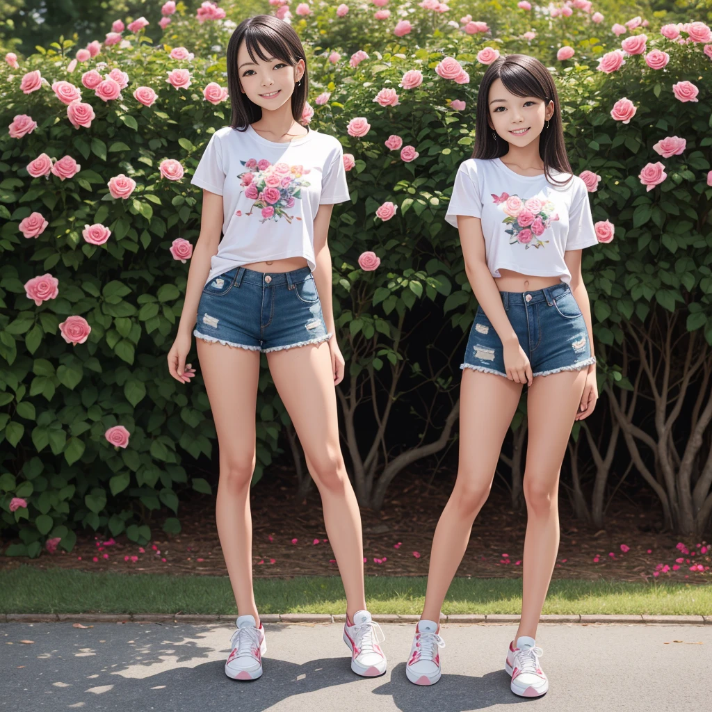 Masterpiece, a young beautiful girl, smiling, looking at the camera, standing in front of a clump of roses, wearing shorts and t-shirt, white sneakers. Wearing a top and shorts, flowers, full-body photo, casual pose, slender legs