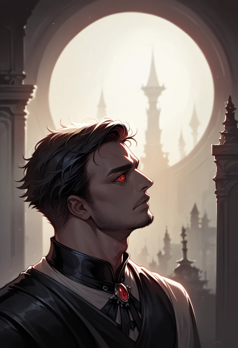 a gothic male bard, black and red detailed clothing, beautiful detailed eyes, dramatic lighting, moody atmosphere, cinematic lighting, dark fantasy, digital art, concept art, highly detailed, 8k, photorealistic, masterpiece