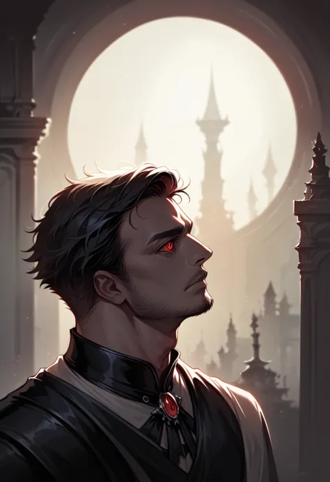 a gothic male bard, black and red detailed clothing, beautiful detailed eyes, dramatic lighting, moody atmosphere, cinematic lig...