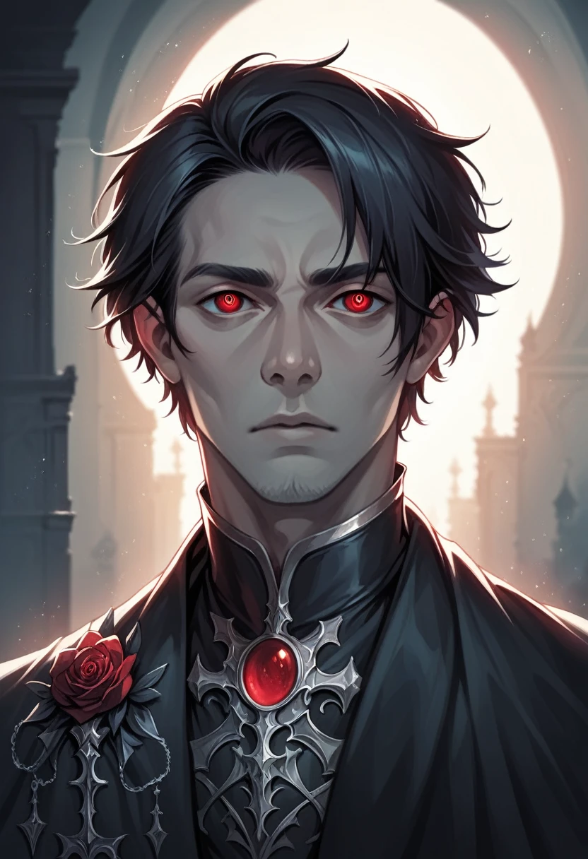 a gothic male bard, black and red detailed clothing, beautiful detailed eyes, dramatic lighting, moody atmosphere, cinematic lighting, dark fantasy, digital art, concept art, highly detailed, 8k, photorealistic, masterpiece