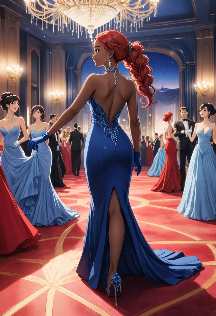 girl, skinny, dark skin, straight hair with braided red hairstyle, blue eyes, flat, wide hips, earrings, choker, necklace with pendant, long gloves, blue evening dress, intricate, high-heeled crystal shoes, ecstatic smile, luxurious ballroom, shoujo anime, cinematic, dramatic, masterpiece, dynamic back view, full body,