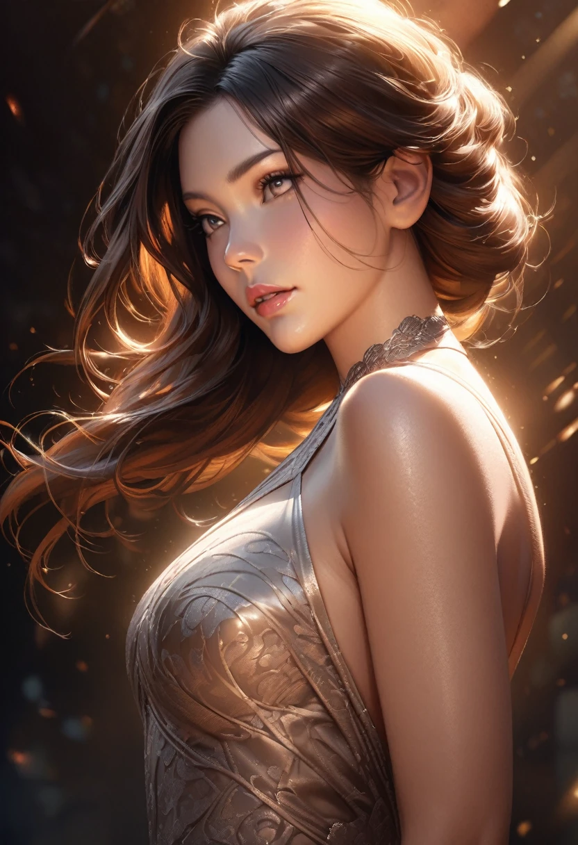 a beautiful woman wearing an elegant evening dress, detailed realistic portrait, realistic detailed eyes, lips, skin texture, high quality, photorealistic, intricate fabric details, shimmering satin, flowing design, cinched waist, dramatic lighting, warm tones, glowing skin, detailed hair, beautiful