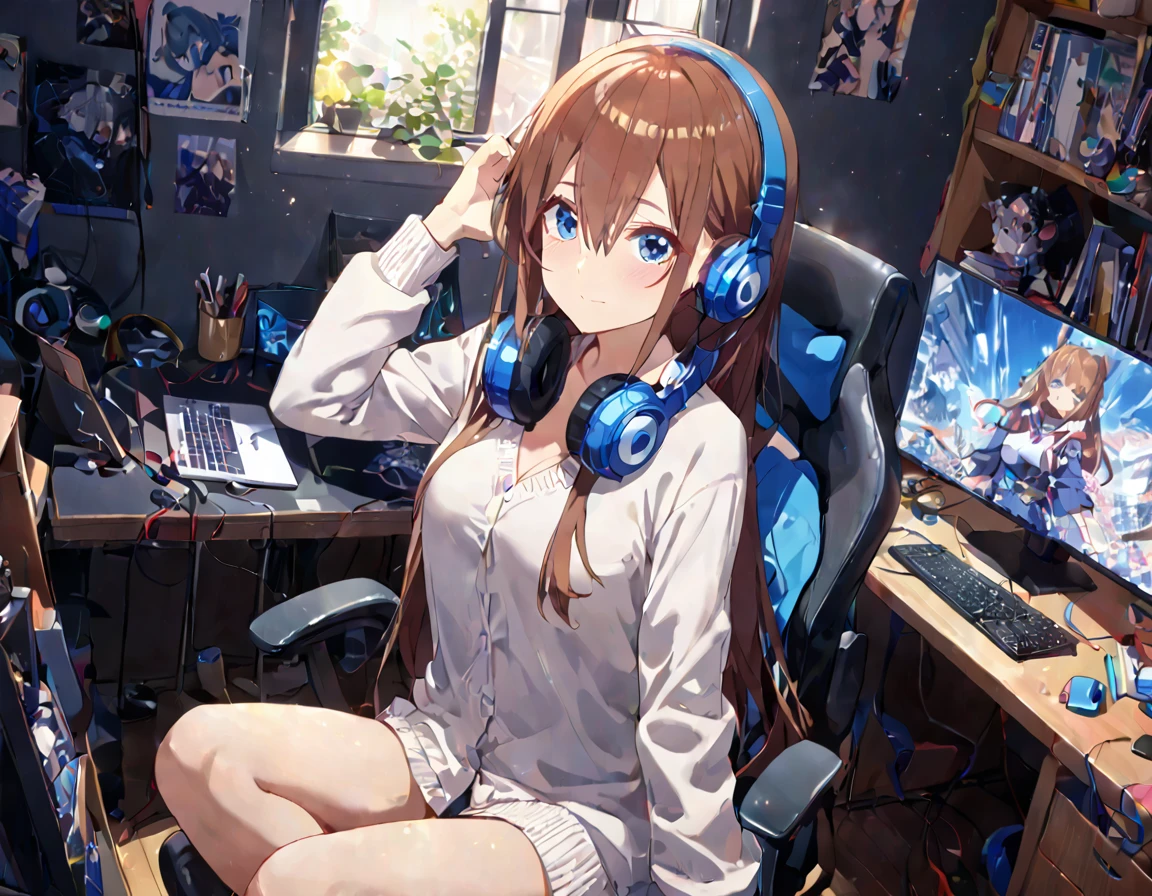 (A girl lounging in her bedroom), (a PC monitor turned on, a gaming chair), (a cluttered room), (fetal position), (perfect face), Sparkling, (masterpiece, best quality), (absurdres absolutely resolution), (8k), (detailed illustration), (super fine illustration), (professional lighting), (vivid color), detailed beatiful face, detailed beatiful eyes, detailed beatiful hair, perfect body, perfect hands, dynamic pose, dutch angle}, , looking at viewer, miku nakano, long hair, bangs, blue eyes, brown hair, shirt, hair between eyes, cardigan, headphones around neck, mature female, medium breasts