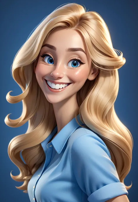 cartoon 3d style, smiling woman with long blond hair and blue shirt , profile image, smiling happily at the camera, smile with b...