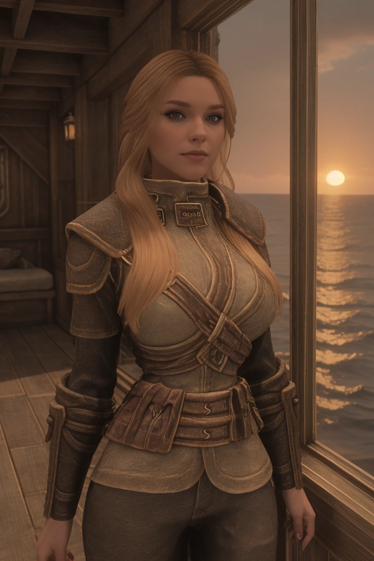 closeup shot of a stunning female Breton maiden stands poised on the weathered deck of a majestic ship at sunset in Skyrim. Her porcelain skin glows softly, illuminated by the warm rays of the rising sun. Delicate features and raven tresses frame her enigmatic smile as she gazes out to sea, the wind gently tousling her locks, blonde hair,female breton