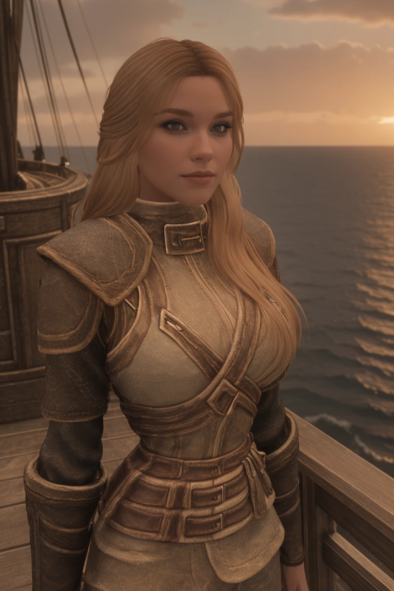 closeup shot of a stunning female Breton maiden stands poised on the weathered deck of a majestic ship at sunset in Skyrim. Her porcelain skin glows softly, illuminated by the warm rays of the rising sun. Delicate features and raven tresses frame her enigmatic smile as she gazes out to sea, the wind gently tousling her locks, blonde hair,female breton