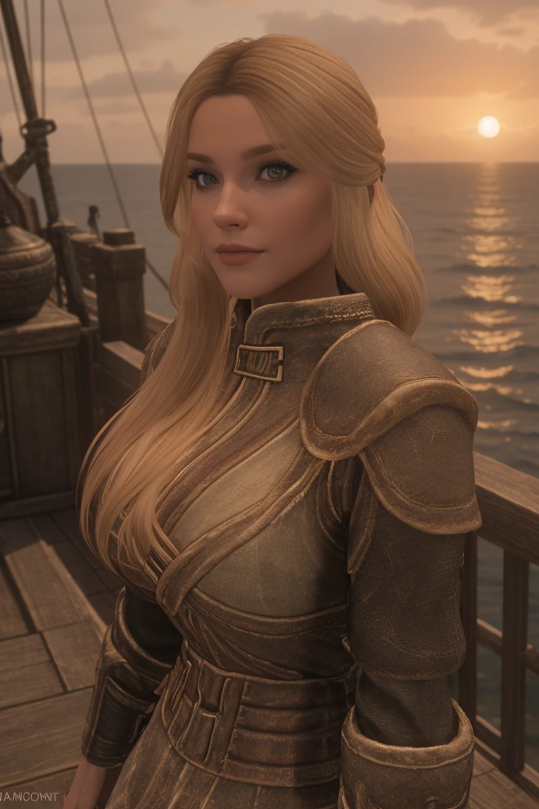 closeup shot of a stunning female Breton maiden stands poised on the weathered deck of a majestic ship at sunset in Skyrim. Her porcelain skin glows softly, illuminated by the warm rays of the rising sun. Delicate features and raven tresses frame her enigmatic smile as she gazes out to sea, the wind gently tousling her locks, blonde hair,female breton