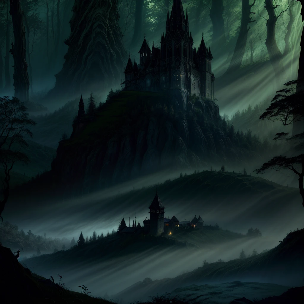 realistic 黑暗的 oil painting of a medieval village at sunrise, 長滿青苔的, 薄霧, 有霧, 陰影, 薄霧erious, 神話, 黑暗的, 光線穿過樹林, 周圍的, 景深, 體積照明, 電影燈光, 穆迪, heavy 黑暗的ness, 黑色的天空, 低角度透視, 作者：艾溫德‧厄爾
