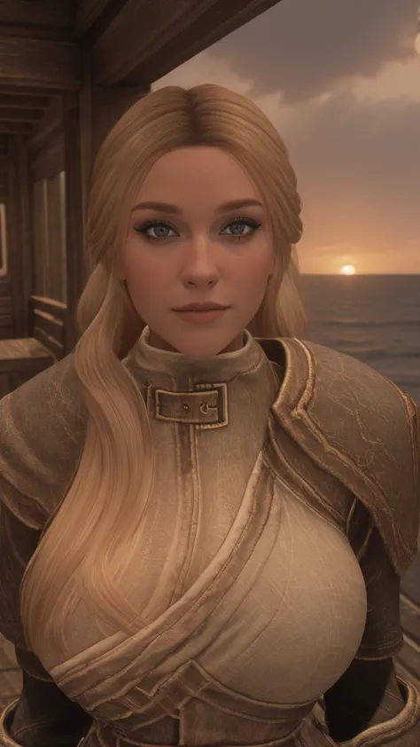 closeup shot of a stunning female Breton maiden stands poised on the weathered deck of a majestic ship at sunset in Skyrim. Her ...