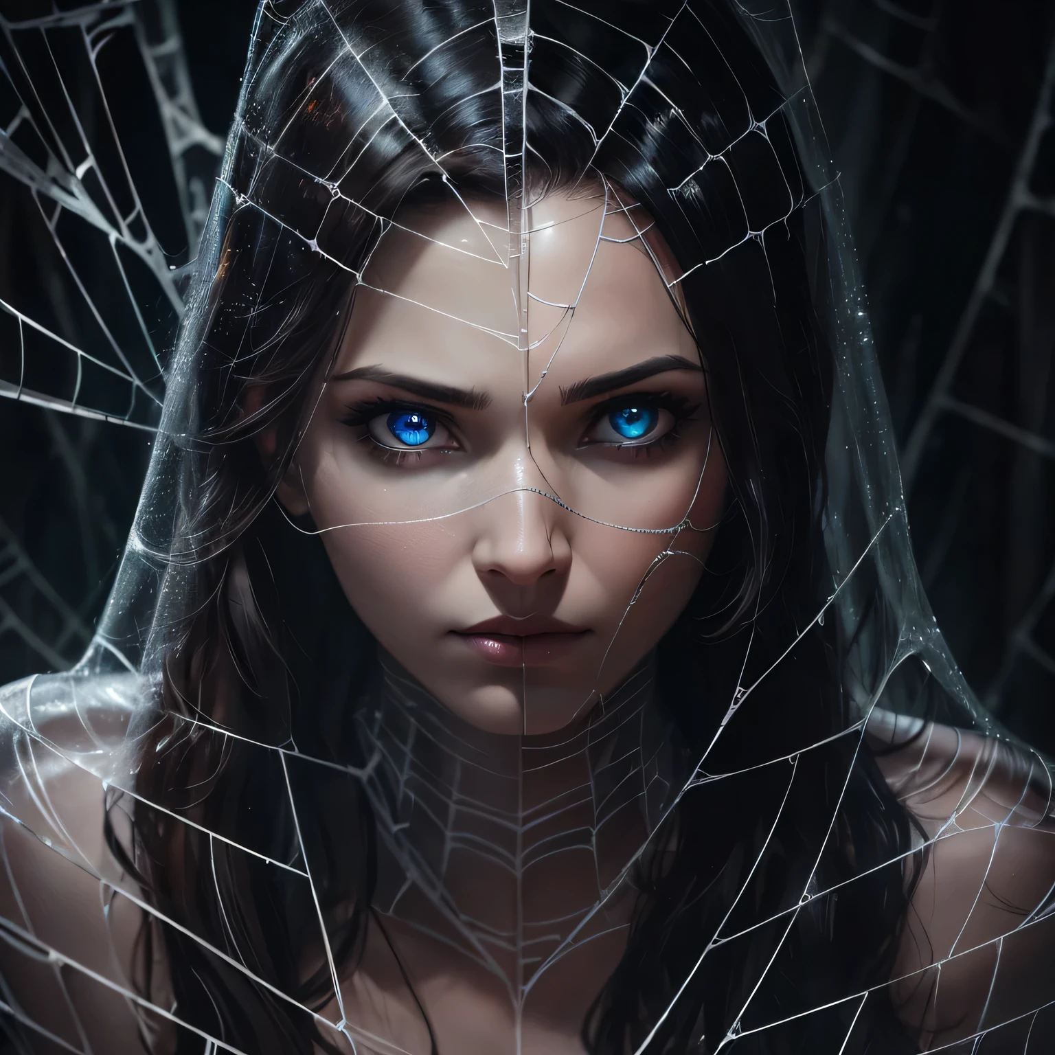 a woman trapped in a perfect spider's web, struggling to break free, detailed face, beautiful detailed eyes, incredibly detailed skin, intricate webbing, dramatic lighting, cinematic composition, dark mood, moody colors, chiaroscuro, digital painting, hyper-realistic, 8k, best quality, masterpiece