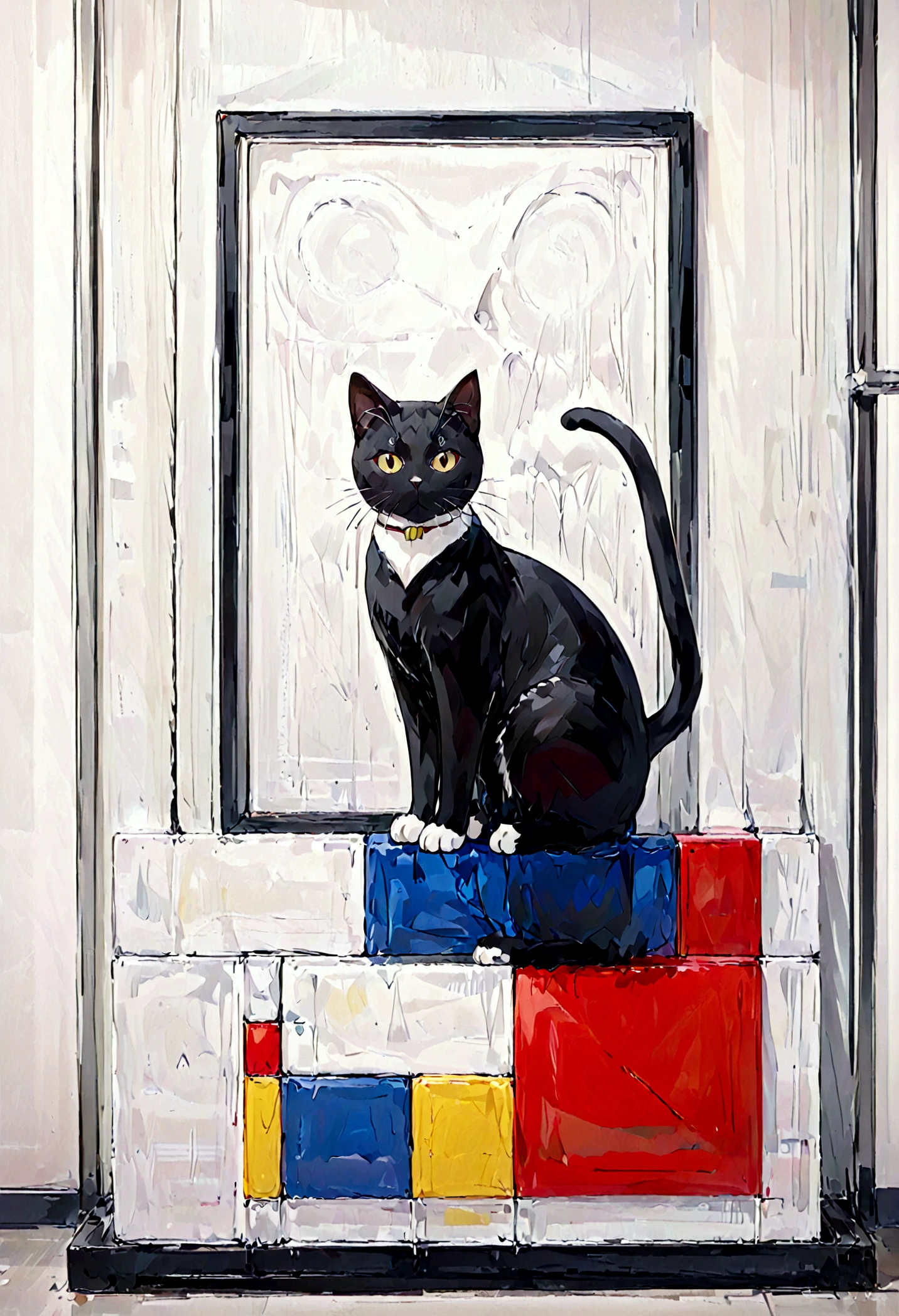 A captivating artwork by Piet Mondrian featuring a cat. The iconic Mondrian style is present, with the cat depicted in primary colors and simple geometric shapes. The cat is portrayed in a balanced composition with black, white, and red, against a contrasting background. The painting exudes a sense of modern art and minimalism, while the subject adds a playful touch., painting