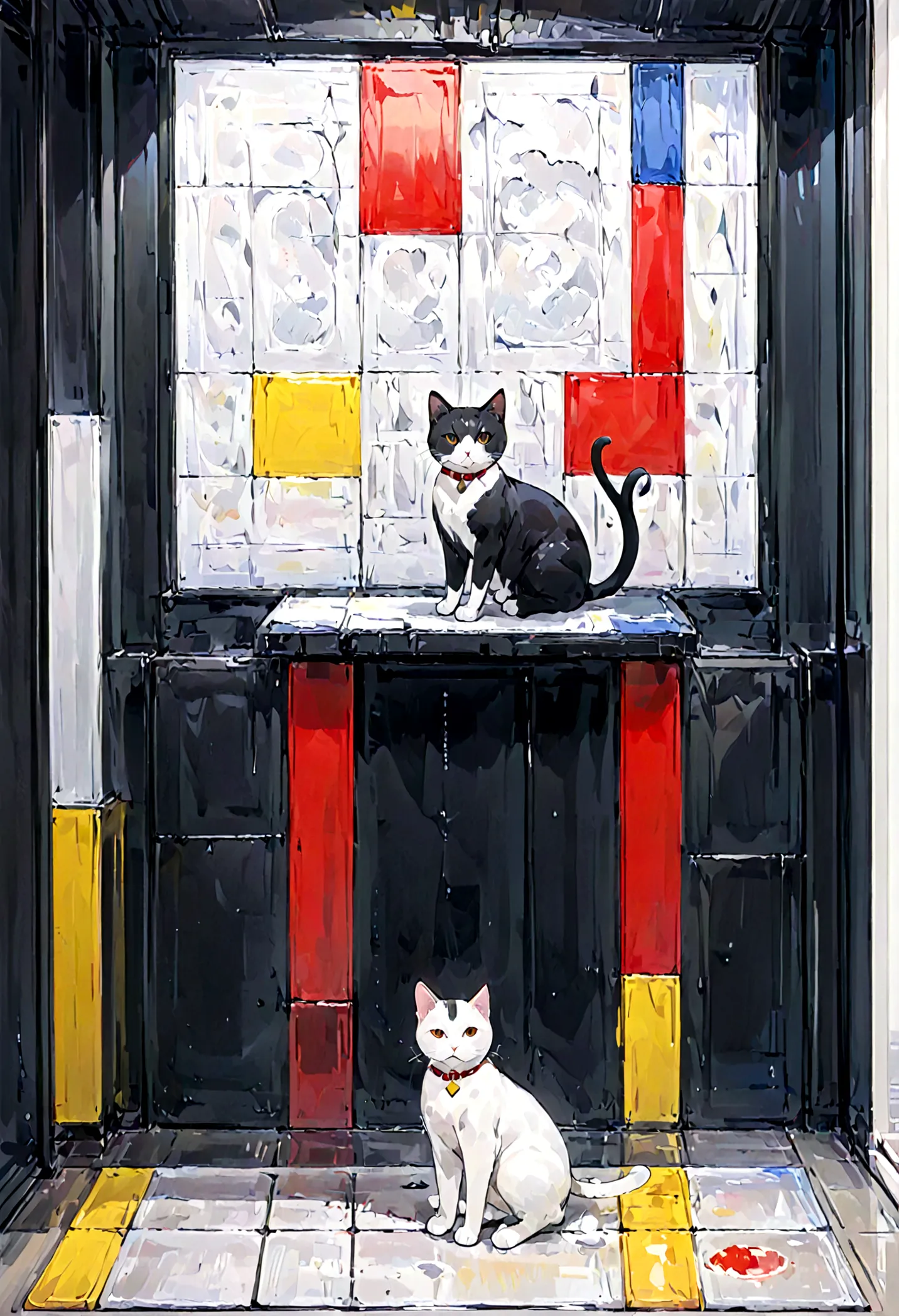 A captivating artwork by Piet Mondrian featuring a cat. The iconic Mondrian style is present, with the cat depicted in primary c...