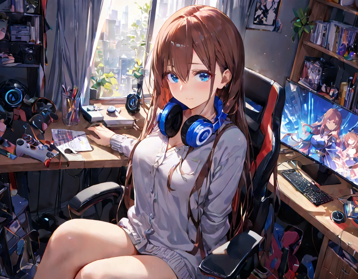 (A girl lounging in her bedroom), (a PC monitor turned on, a gaming chair), (a cluttered room), (fetal position), (perfect face), Sparkling, (masterpiece, best quality), (absurdres absolutely resolution), (8k), (detailed illustration), (super fine illustration), (professional lighting), (vivid color), detailed beatiful face, detailed beatiful eyes, detailed beatiful hair, perfect body, perfect hands, dynamic pose, dutch angle}, , looking at viewer, miku nakano, long hair, bangs, blue eyes, brown hair, shirt, hair between eyes, cardigan, headphones around neck, mature female, medium breasts