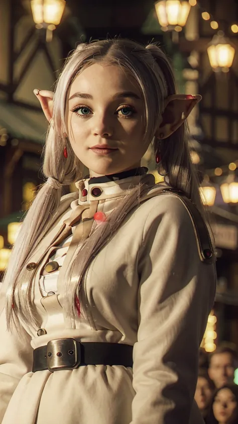 A young elf girl in realistic portrait of high quality and detail, Frieren (Sousou no Frieren), movie style, peacefull atmospher...