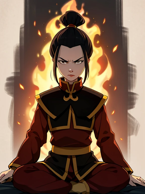 masterpiece, best quality, 1girl, azula, fire nation clothes, azula (avatar the last airbender), solo, black hair, fire, dark, long hair, topknot, serious, closed eyes, meditating, sitting, avatar meditation, 14 year old, white background, azula from avatar the last airbender, princess azula, eyes open, pure white eyes, avatar arrows