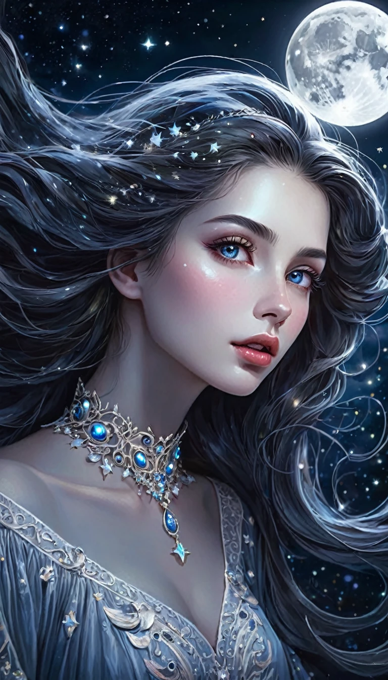 A ghostly female figure, beautiful detailed eyes, beautiful detailed lips, extremely detailed face, long eyelashes, floating in a night sky, full moon, twinkling stars, (best quality,4k,8k,highres,masterpiece:1.2),ultra-detailed,(realistic,photorealistic,photo-realistic:1.37),oil painting, fantasy, surreal, atmospheric, dramatic lighting, dramatic contrast, vivid colors, moody, mystical, ethereal
