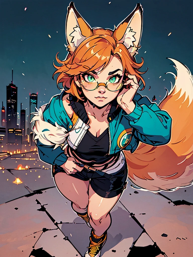 Masterpiece, 1girl, solo, (best quality,4k,8k,highres,masterpiece:1.2), cyberpunk visuals, full body, anthro fox girl, (slim physique, green jacket, black shorts, yellow sneakers, yellow glasses, fox tail, orange hair), ((ultra detailed clothes, beautiful fur, hyper-detailed face and legs, beautiful face and eyes, intricate detail, fine details best quality)), city background, ((thick outline, detailed background, bright color tones, digital art, beautiful lighting))