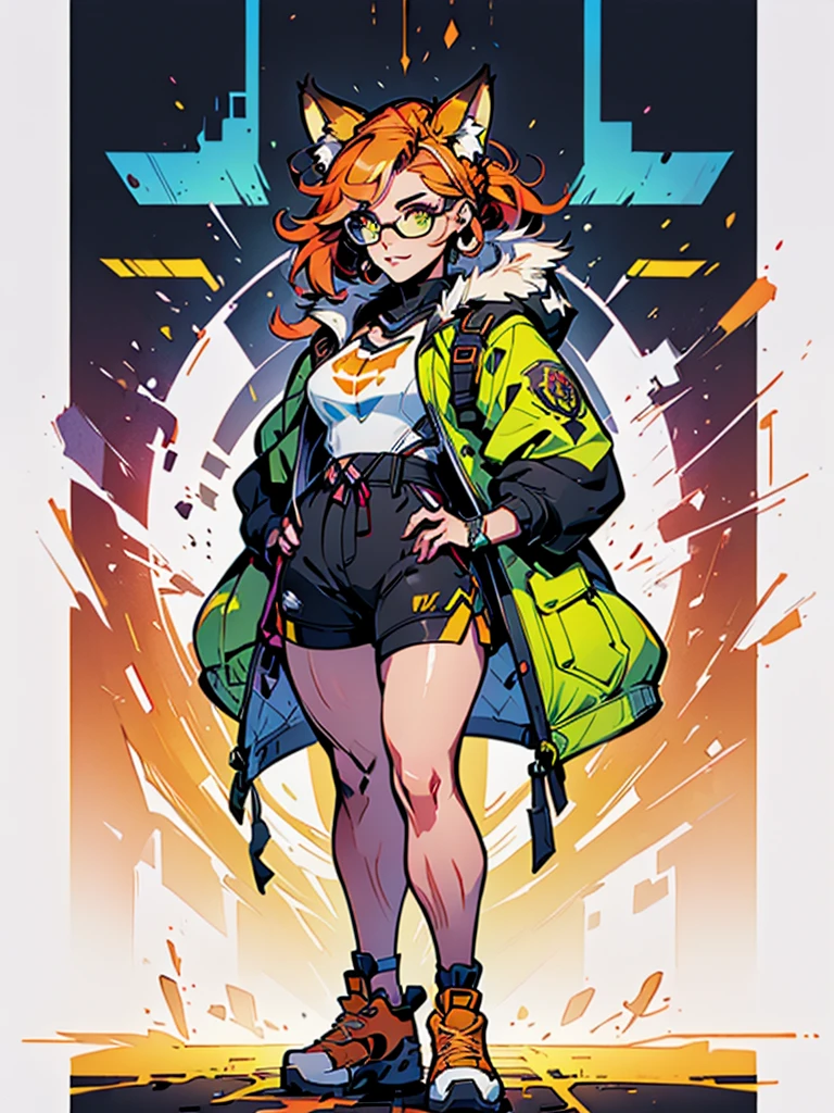 Masterpiece, 1girl, solo, (best quality,4k,8k,highres,masterpiece:1.2), cyberpunk visuals, full body, anthro fox girl, (slim physique, green jacket, black shorts, yellow sneakers, yellow glasses, fox tail, orange hair), ((ultra detailed clothes, beautiful fur, hyper-detailed face and legs, beautiful face and eyes, intricate detail, fine details best quality)), city background, ((thick outline, detailed background, bright color tones, digital art, beautiful lighting))