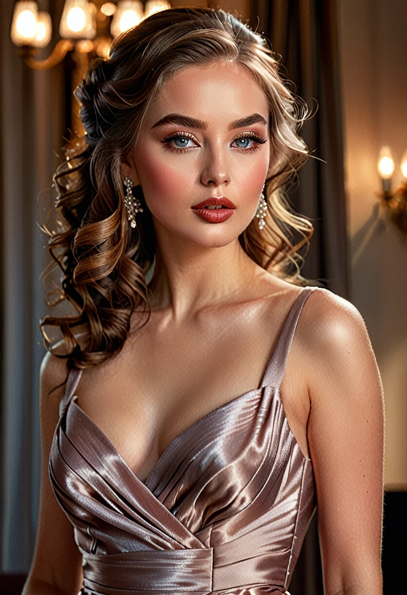 a beautiful woman wearing an elegant evening dress, detailed realistic portrait, realistic detailed eyes, lips, skin texture, high quality, photorealistic, intricate fabric details, shimmering satin, flowing design, cinched waist, dramatic lighting, warm tones, glowing skin, detailed hair, beautiful