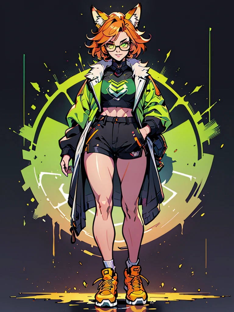 Masterpiece, 1girl, solo, (best quality,4k,8k,highres,masterpiece:1.2), cyberpunk visuals, full body, anthro fox girl, (slim physique, green jacket, black shorts, yellow sneakers, yellow glasses, fox tail, orange hair), ((ultra detailed clothes, beautiful fur, hyper-detailed face and legs, beautiful face and eyes, intricate detail, fine details best quality)), city background, ((thick outline, detailed background, bright color tones, digital art, beautiful lighting))