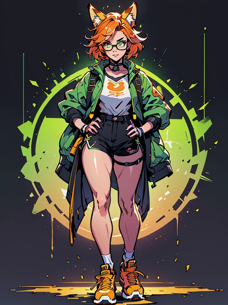 Masterpiece, 1girl, solo, (best quality,4k,8k,highres,masterpiece:1.2), cyberpunk visuals, full body, anthro fox girl, (slim physique, green jacket, black shorts, yellow sneakers, yellow glasses, fox tail, orange hair), ((ultra detailed clothes, detailed tail, hyper-detailed face and legs, beautiful face and eyes, intricate detail, fine details best quality)), city background, ((thick outline, detailed background, bright color tones, digital art, beautiful lighting))