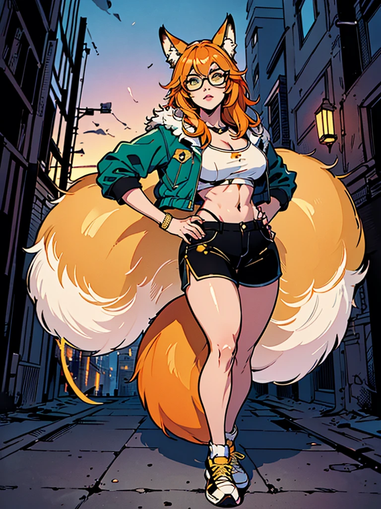 Masterpiece, 1girl, solo, (best quality,4k,8k,highres,masterpiece:1.2), cyberpunk visuals, full body, anthro fox girl, (slim physique, fox tail, green jacket, black shorts, yellow sneakers, yellow glasses, orange hair), ((ultra detailed clothes, beautiful fur, hyper-detailed face and legs, beautiful face and eyes, intricate detail, fine details best quality)), city background, ((thick outline, detailed background, bright color tones, digital art, beautiful lighting))