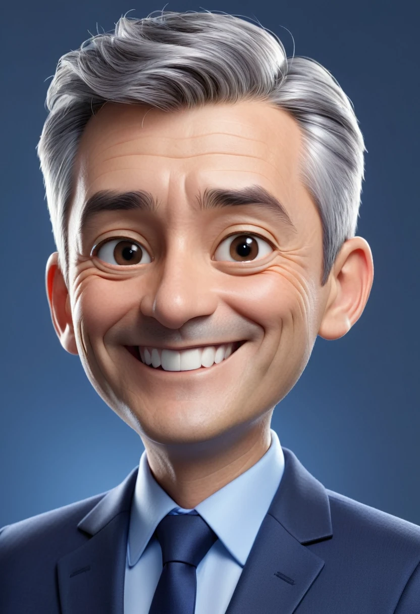 3d cartoon style, 50 years old man, short gray hair, little hair, in a dark blue suit and light blue shirt, no tie, smiling at the camera, foto perfil, commercial shot., face is brightly lit