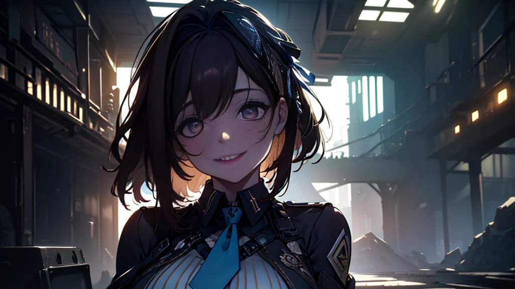 ((Best quality)), ((masterpiece)), (detailed:1.4), 3D, an image of a beautiful cyberpunk female, Yandere , Yandere Face , Trance , Trance Eyes , yameroyandere , constricted pupils , yandere , empty eyes . shaded face , crazy eyes , glowing brown eyes , crazy smile , Marian , one-side tied hairstyle, long brown hair , Military Uniform , Brown Eyes, Blue Barret, Blue Necktie ,Blue Ribbon , White undercloth, large breasts, HDR (High Dynamic Range),Ray Tracing,NVIDIA RTX,Super-Resolution,Unreal 5,Subsurface scattering,PBR Texturing,Post-processing,Anisotropic Filtering,Depth-of-field,Maximum clarity and sharpness,Multi-layered textures,Albedo and Specular maps,Surface shading,Accurate simulation of light-material interaction,Perfect proportions,Octane Render,Two-tone lighting,Wide aperture,Low ISO,White balance,Rule of thirds,8K RAW,