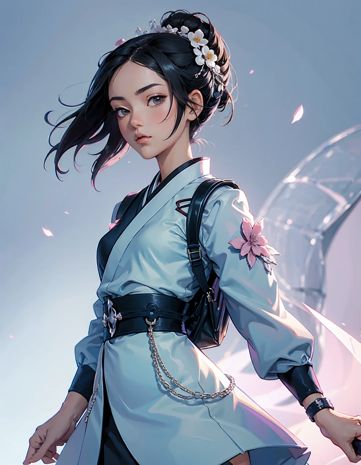 Portrait of an anime style girl with short black hair, dressed in a combination of traditional Japanese clothing and modern accessories. She is holding a katana and a backpack, and she has a flower in her hair. The background is soft and minimalistic, emphasizing the sweet and gentle nature of the character. --ar 3:4 --stylize 600 --niji 6
