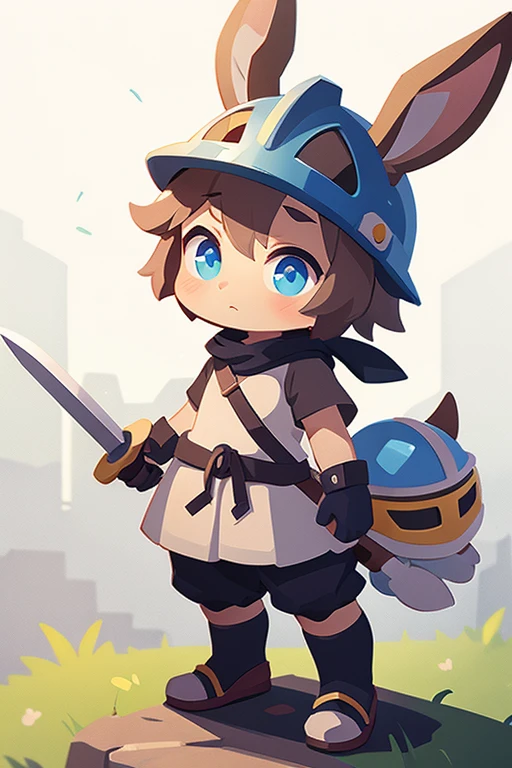 Create a miniature rabbit swordsman wearing a helmet