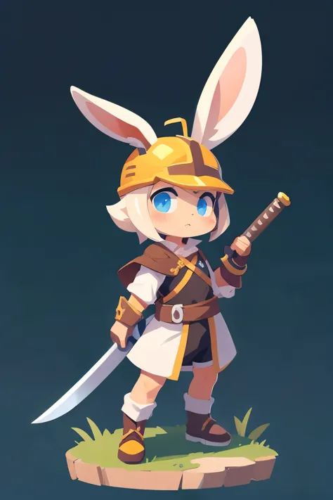 Create a miniature rabbit swordsman wearing a helmet
