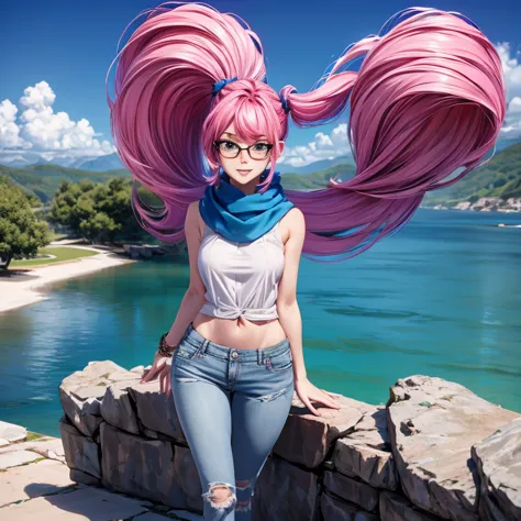 a young caucasian woman with long, vibrant pink hair wearing glasses, a blue scarf, a white shirt, short blue jeans, and a white...