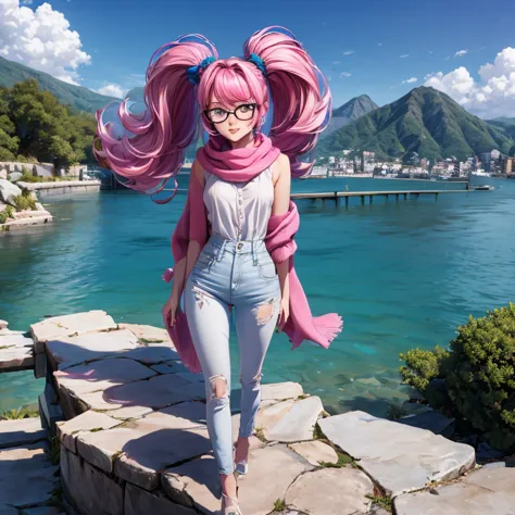 A young Caucasian woman with long, vibrant pink hair wearing glasses, a blue scarf, a white shirt, short blue jeans, and a white...