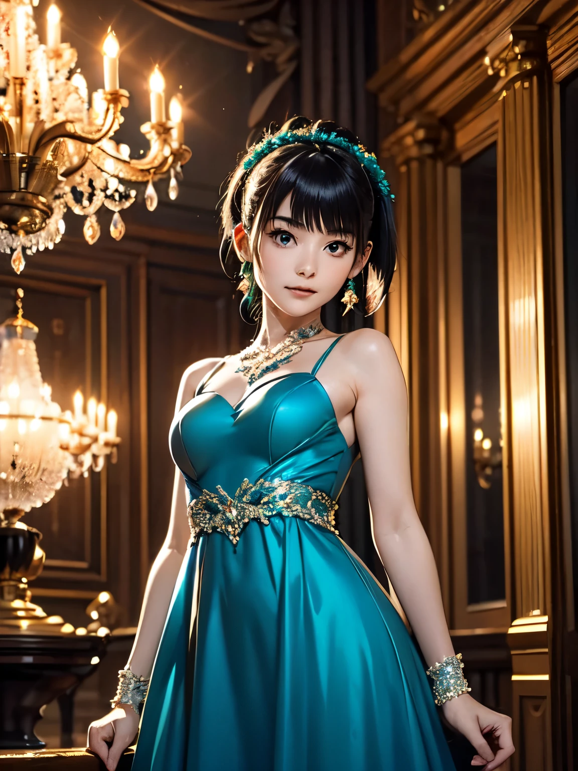 ((masterpiece)), (Highest quality), Very detailed, (chibi), One Girl, alone, elegant, (Evening Dresses), luxury, Ballroom, chandelier, Emerald green, satin, 