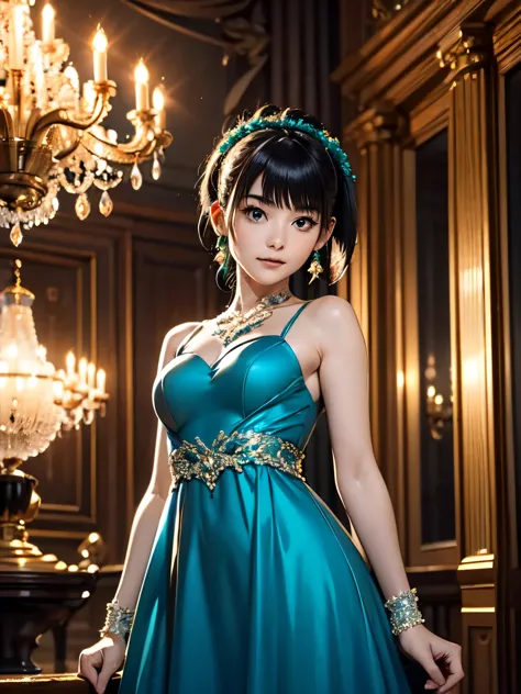 ((masterpiece)), (highest quality), very detailed, (chibi), one girl, alone, elegant, (evening dresses), luxury, ballroom, chand...