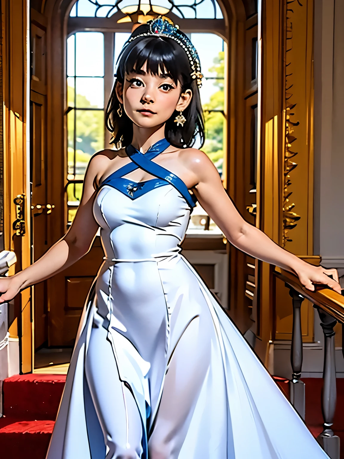 ((masterpiece)), (Highest quality), Official Art, unity 8k wallpaper, Very detailed, One Girl, alone, A woman in a royal blue evening dress、Descending the stairs of a historic palace。The long train of the dress spreads out over the stairs.、Classical architecture and beautiful decorations can be seen in the background.。women are、She is looking at the camera with a dignified expression.。