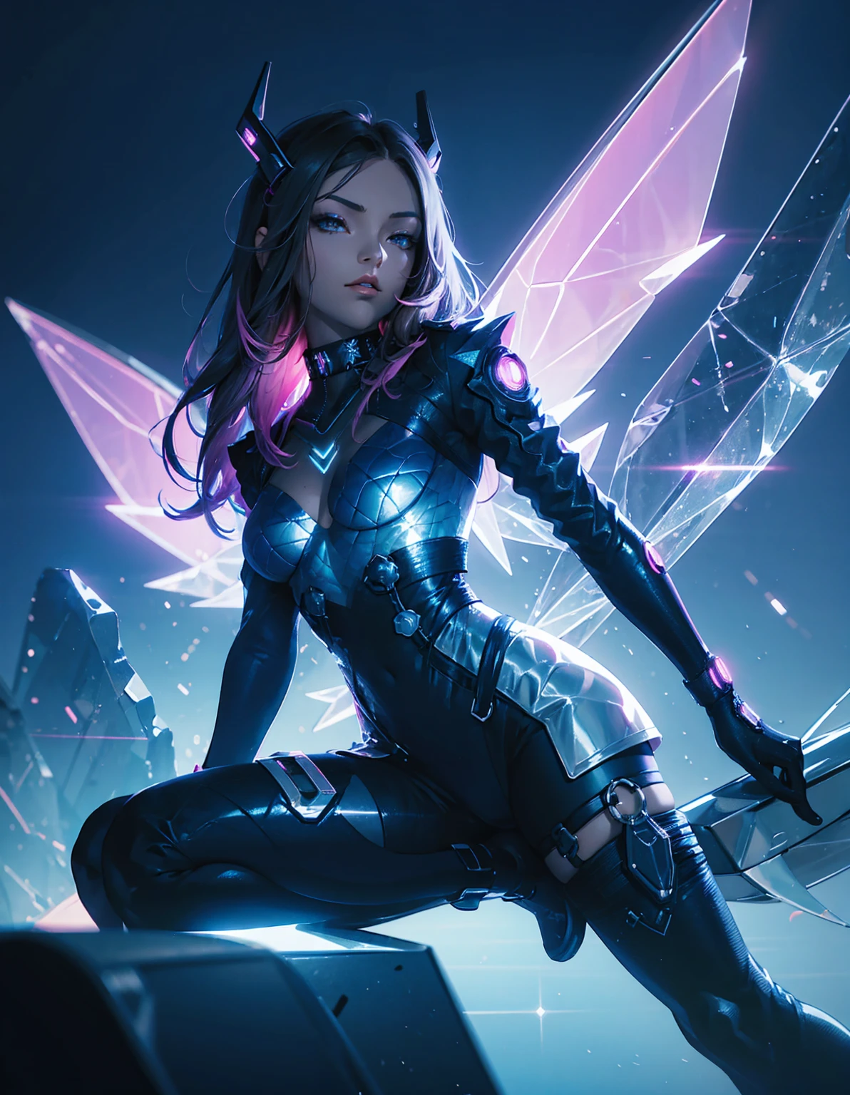 A cyberpunk girl with a futuristic look, featuring mechanical wings and horns, sitting in a dynamic pose. She has dark hair with neon highlights and is wearing a black outfit with a blue jacket. The background is a simple vibrant, neon-lit cityscape with blue and pink hues, emphasizing the high-tech, sci-fi atmosphere. --ar 3:4 --stylize 1000 --niji 6
