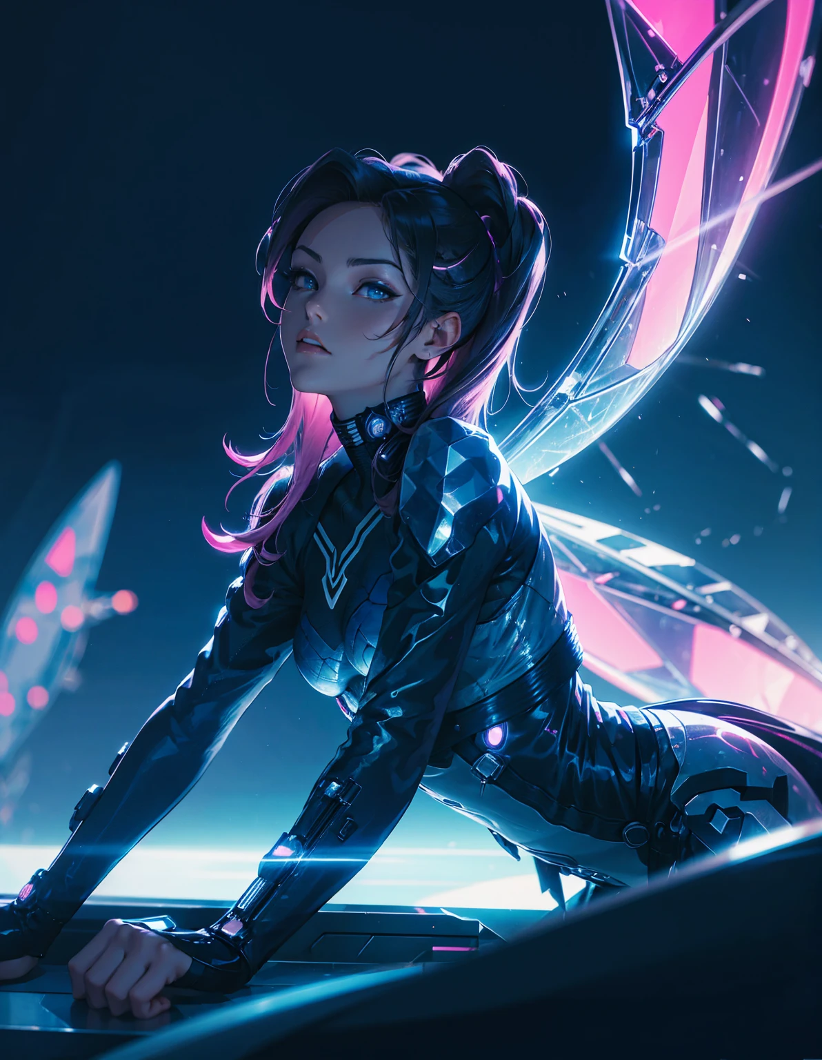 Una chica cyberpunk con aspecto futurista., con alas y cuernos mecánicos, sentado en una pose dinámica. Tiene cabello oscuro con reflejos neón y lleva un traje negro con una chaqueta azul.. El fondo es un simple vibrante., paisaje urbano iluminado con luces de neón con tonos azules y rosados, enfatizando la alta tecnología, atmósfera de ciencia ficción. --con 3:4 --estilizar 1000 --más 6
