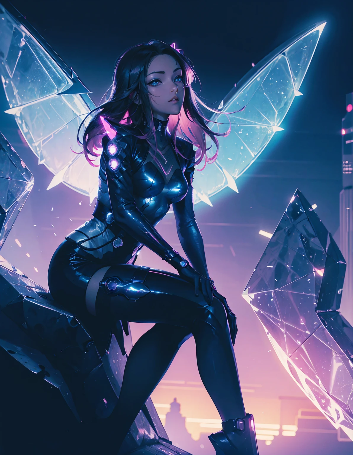 A cyberpunk girl with a futuristic look, featuring mechanical wings and horns, sitting in a dynamic pose. She has dark hair with neon highlights and is wearing a black outfit with a blue jacket. The background is a simple vibrant, neon-lit cityscape with blue and pink hues, emphasizing the high-tech, sci-fi atmosphere. --ar 3:4 --stylize 1000 --niji 6
